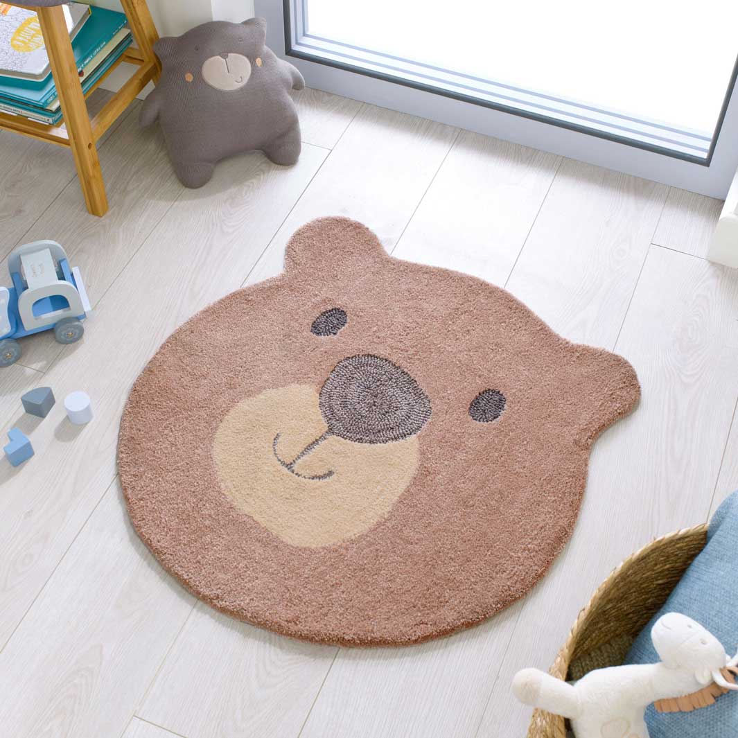 Tapis moderne en coton beige avec motif ourson pour chambre d'enfant