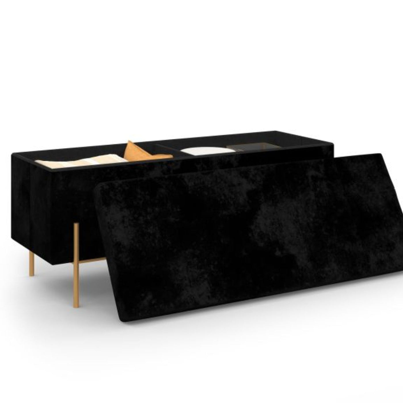 Banc coffre velours noir pied doré