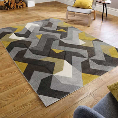 tapis graphique moderne aurora gris et jaune